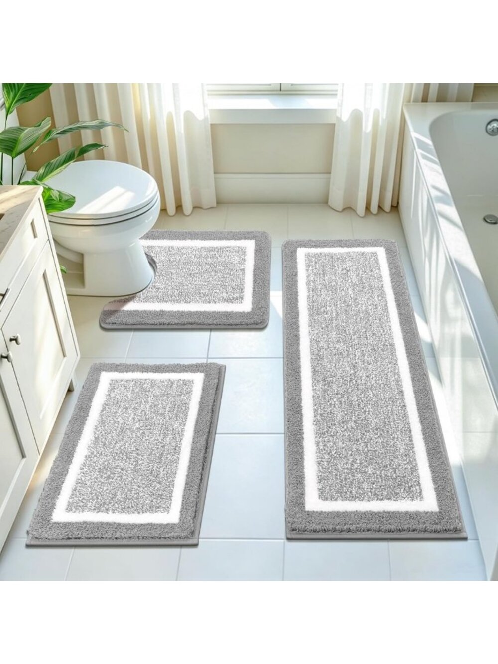 Soft Light Grey Non-Slip Bathroom Rugs Set, 3-Piece Washable Bath Mats